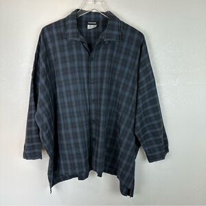 Eskandar Plaid Flannel Button Down Blouse Cotton Top Size 1 Double Collar Artsy